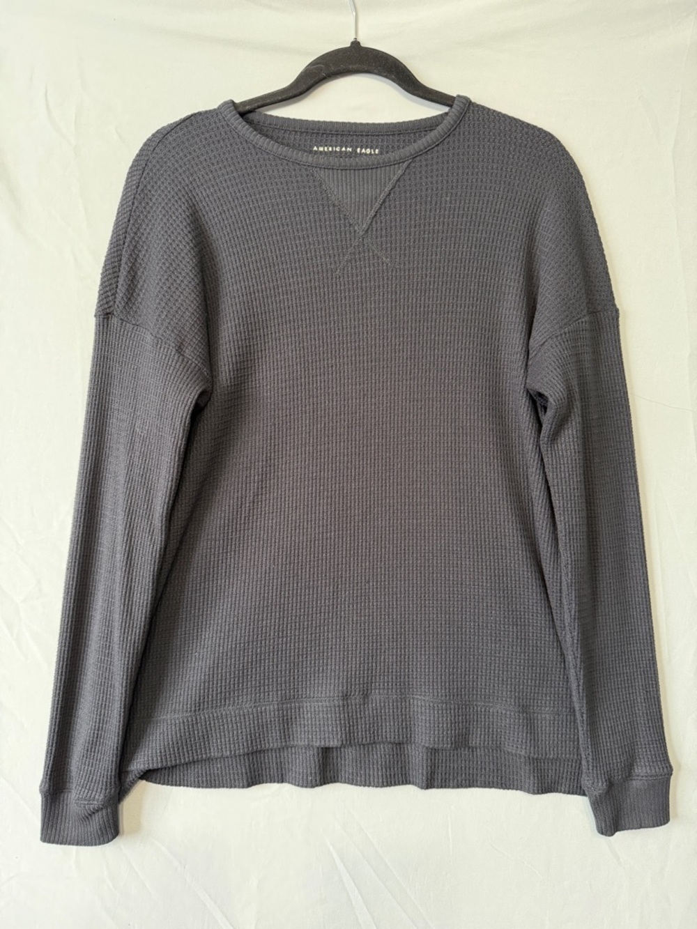 American Eagle Womens Oversized Waffle Knit Top XS Grey  Split Hem Crewneck Soft